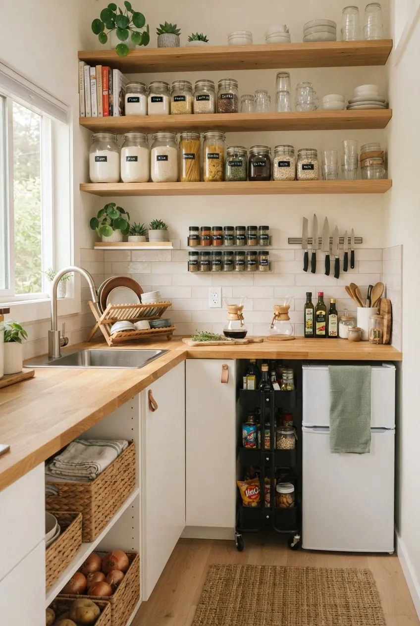 Organized tiny home kitchen without a pantry
