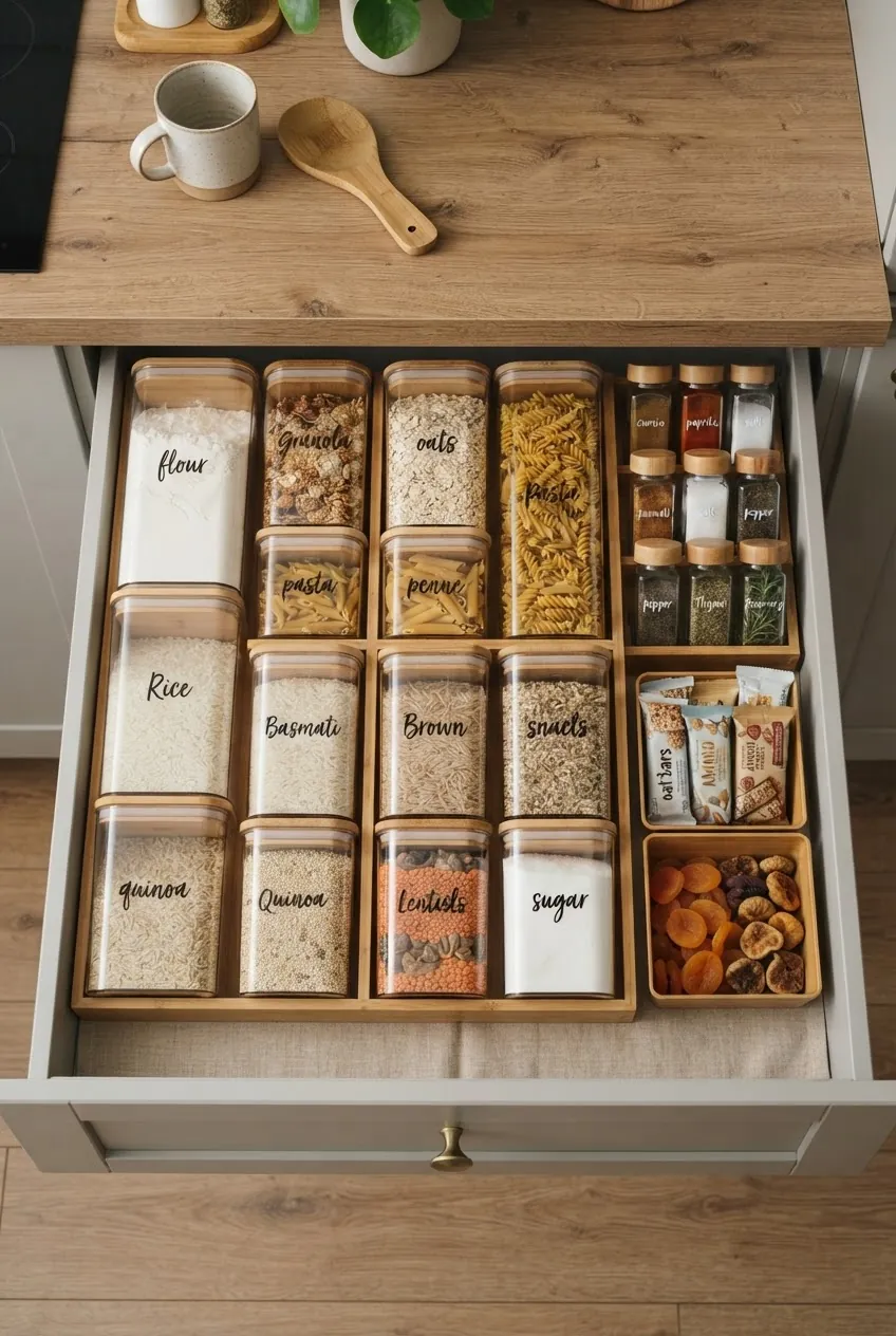 Drawer bins and decanted dry goods for compact kitchen storage