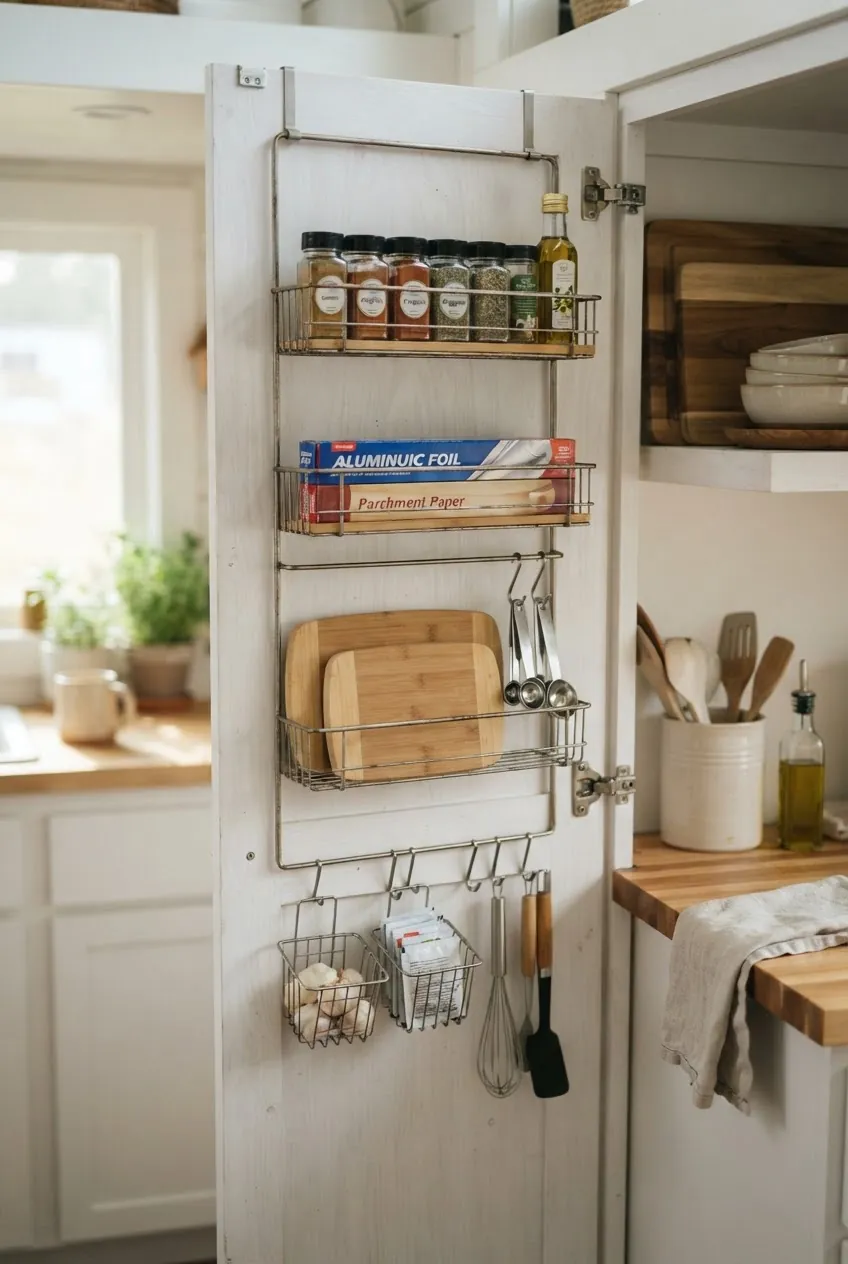 Door rack and hooks for no pantry kitchen storage