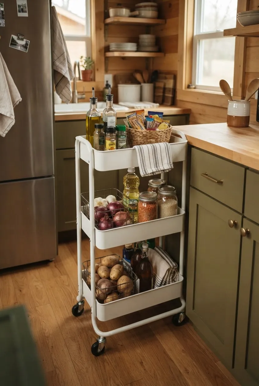 Slim rolling cart used as a tiny kitchen pantry alternative