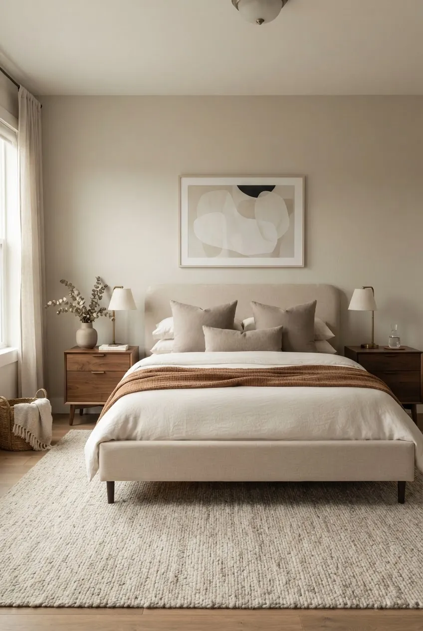 Beige upholstered bed frame styled with warm white bedding and natural bedroom decor