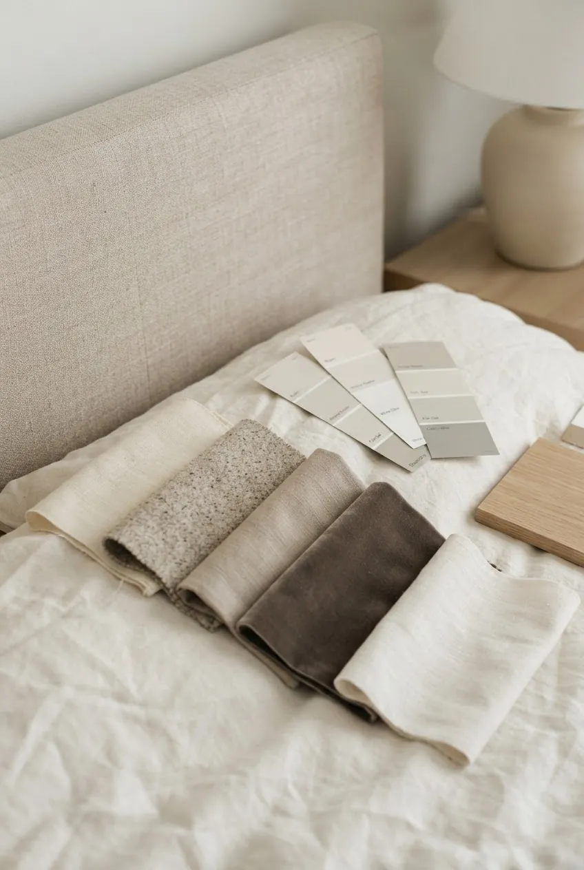 Beige bed frame with bedding swatches and warm bedroom undertone samples