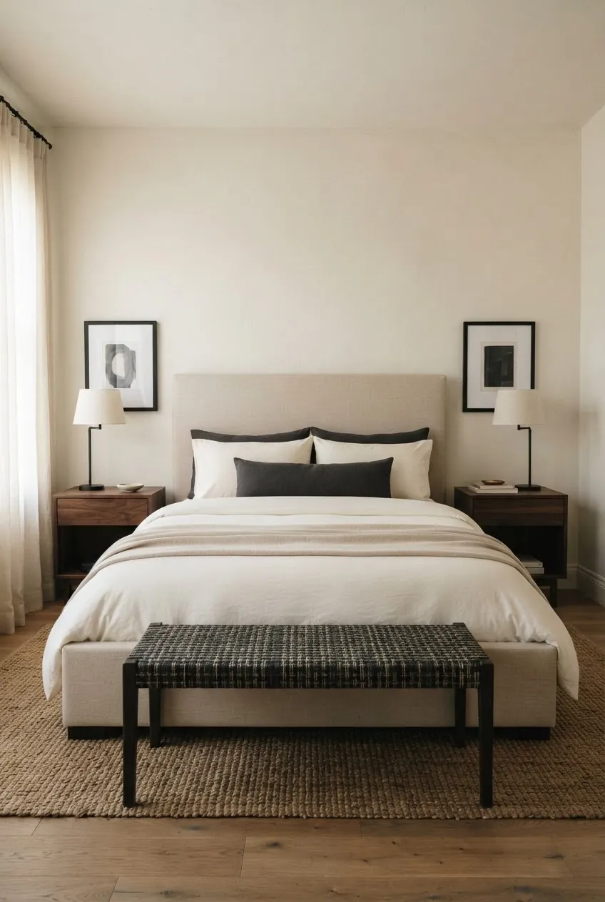 Beige upholstered bed frame styled with walnut nightstands and soft black lamps