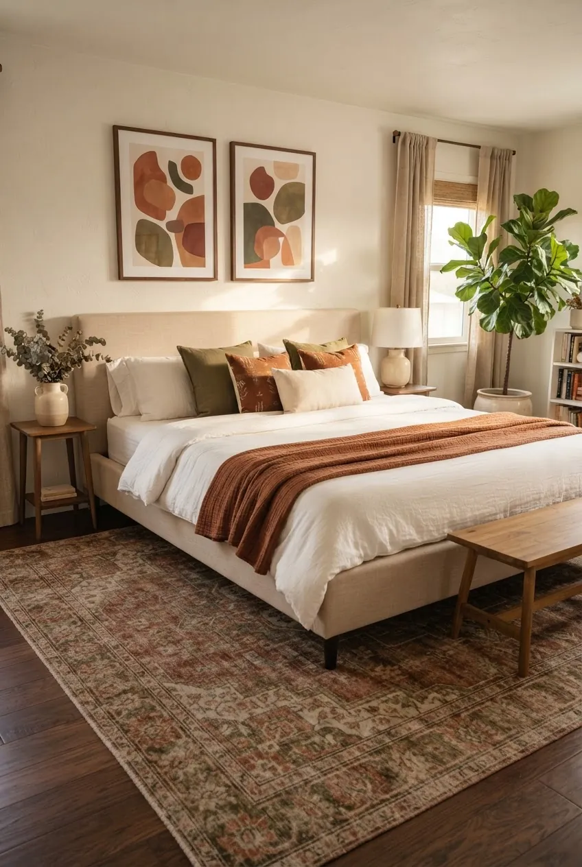 Beige bed frame bedroom with patterned rug and warm wall art above the bed