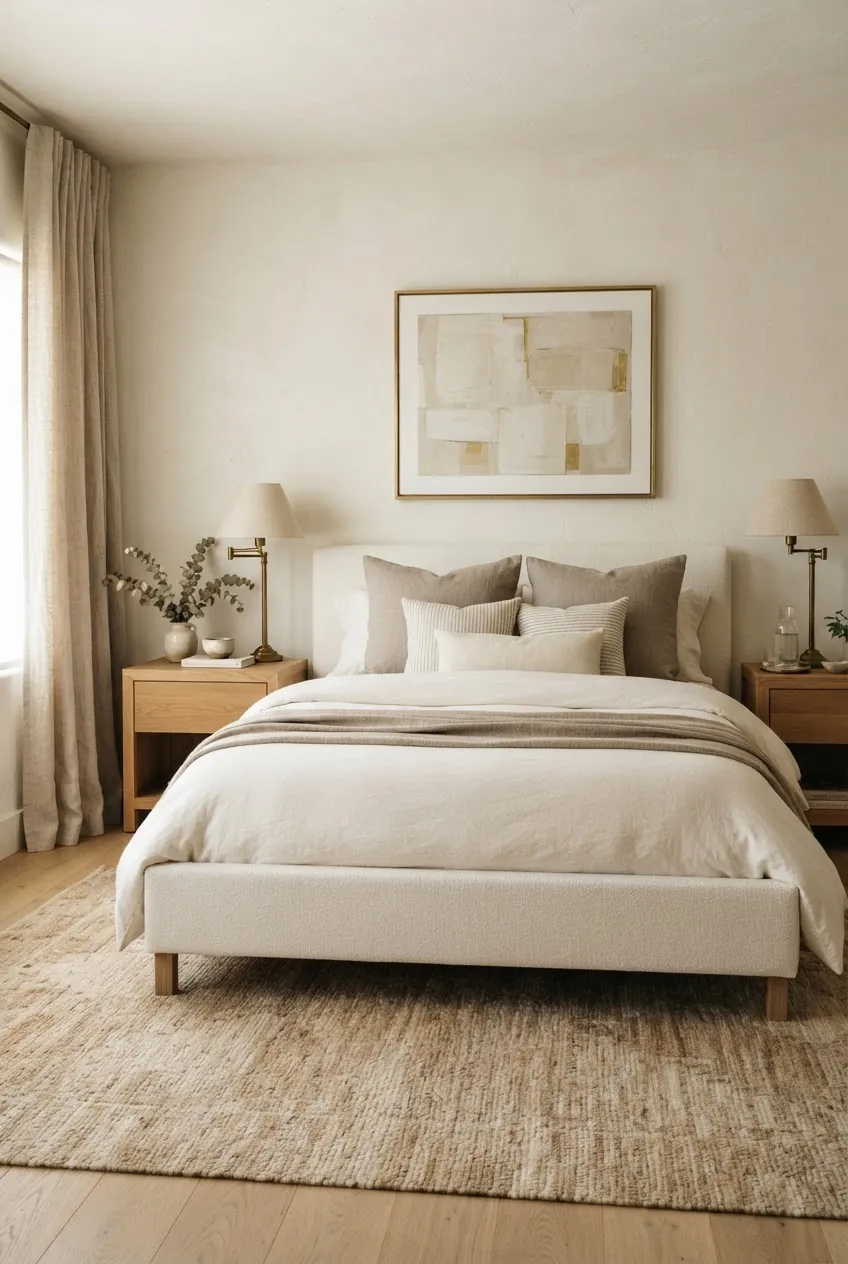 Ivory bed frame bedroom warmed with natural wood linen curtains and brass lighting