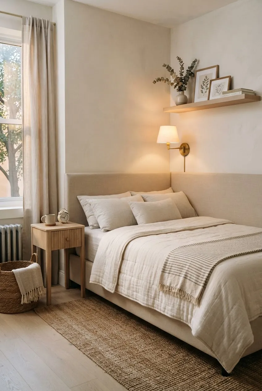 Corner bed with beige frame styled as a cozy small bedroom nook