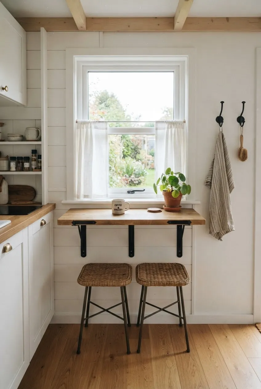 Fold down breakfast bar under a tiny kitchen window