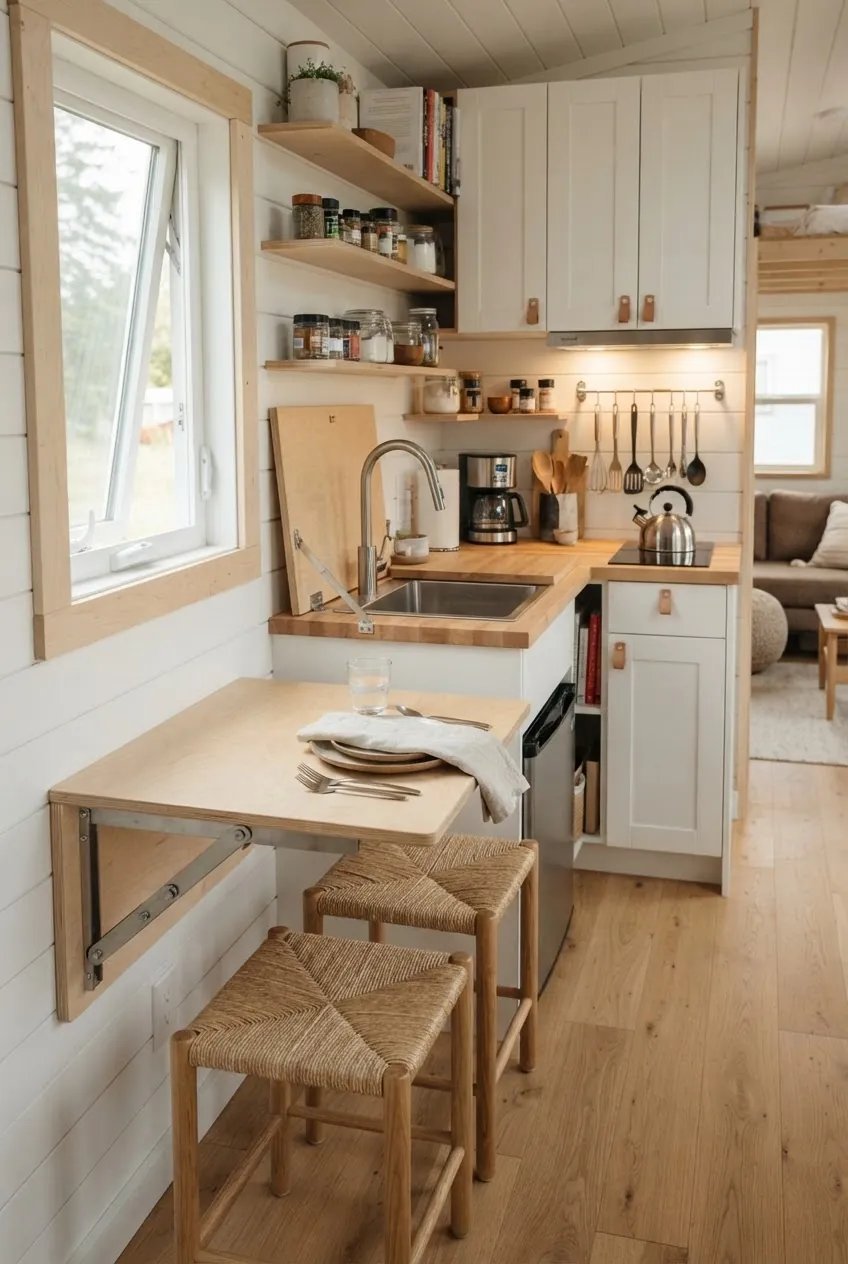 Tiny home kitchen with fold down surfaces for flexible prep space