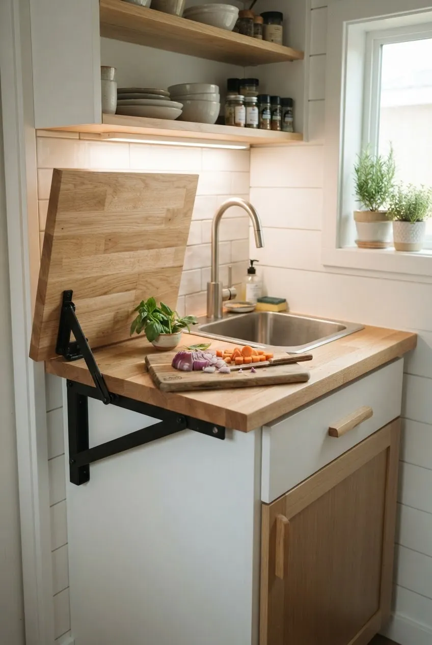 Fold down counter extension beside a tiny kitchen sink