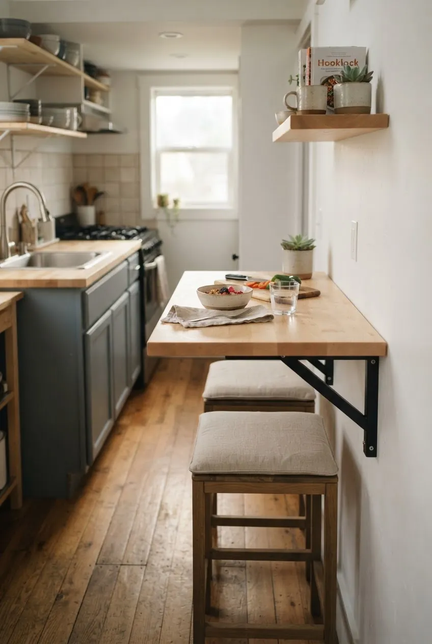 Wall mounted fold down table in a tiny home kitchen