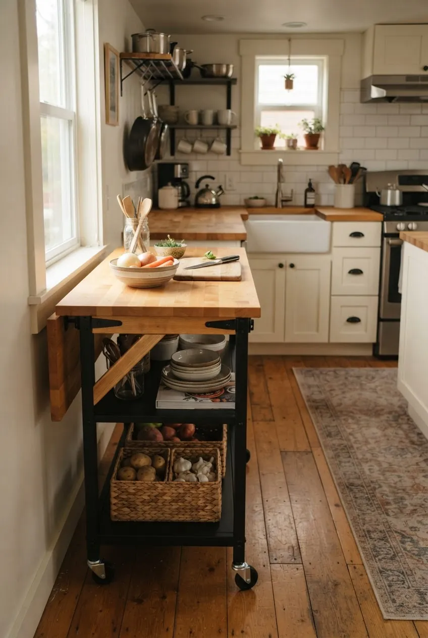 Drop leaf rolling island in a compact tiny home kitchen
