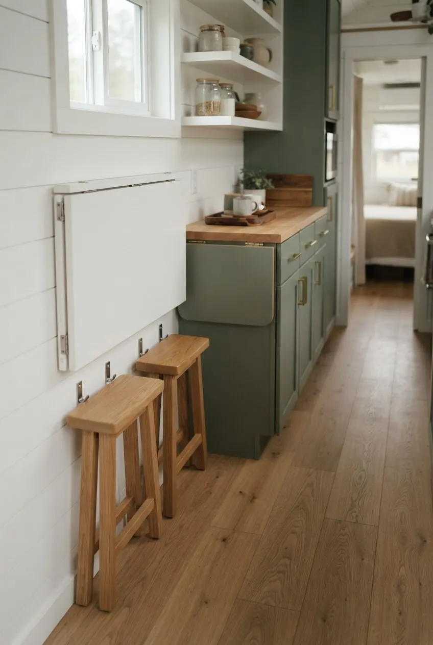 Fold down surfaces closed to restore a tiny kitchen walkway