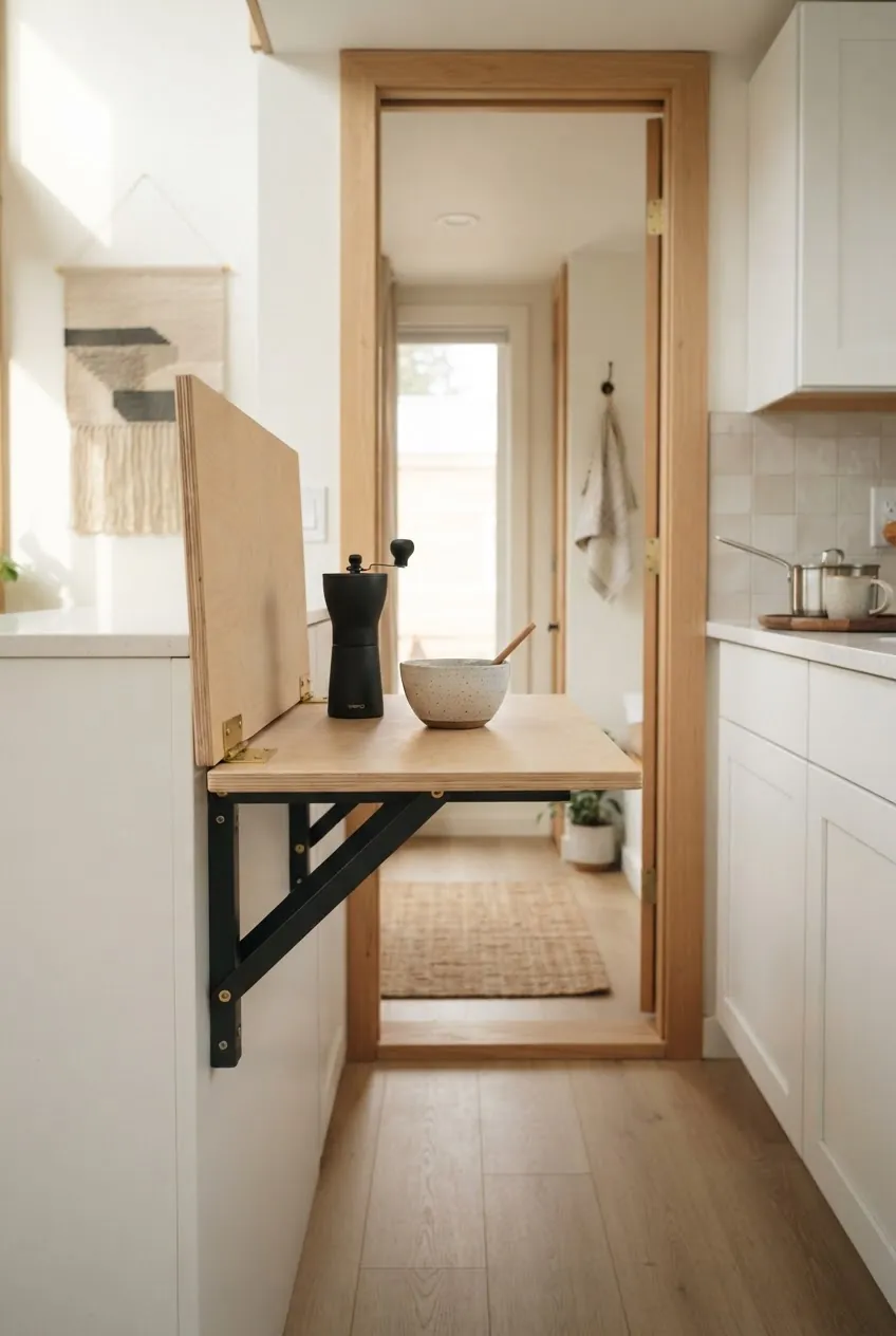 Small hinged prep shelf for a compact kitchen appliance zone