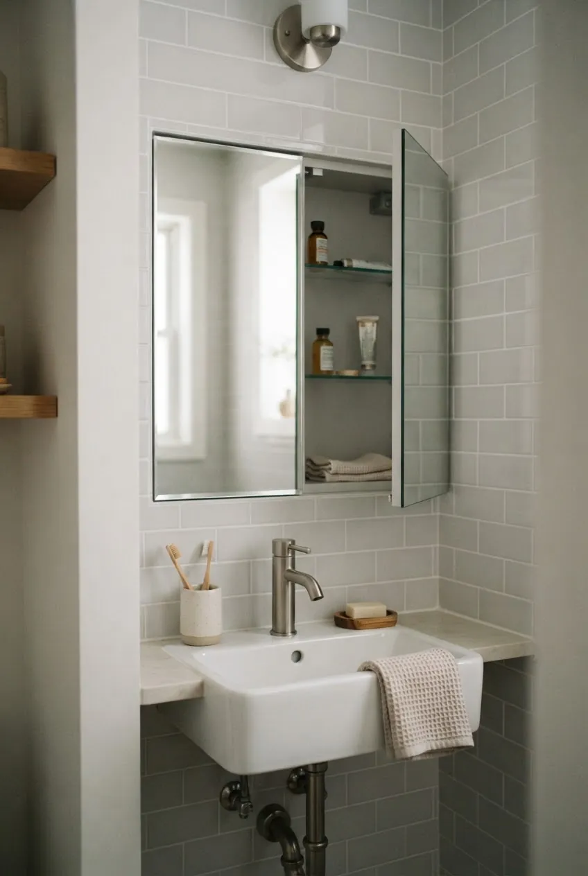 Recessed mirrored medicine cabinet for tiny bathroom storage