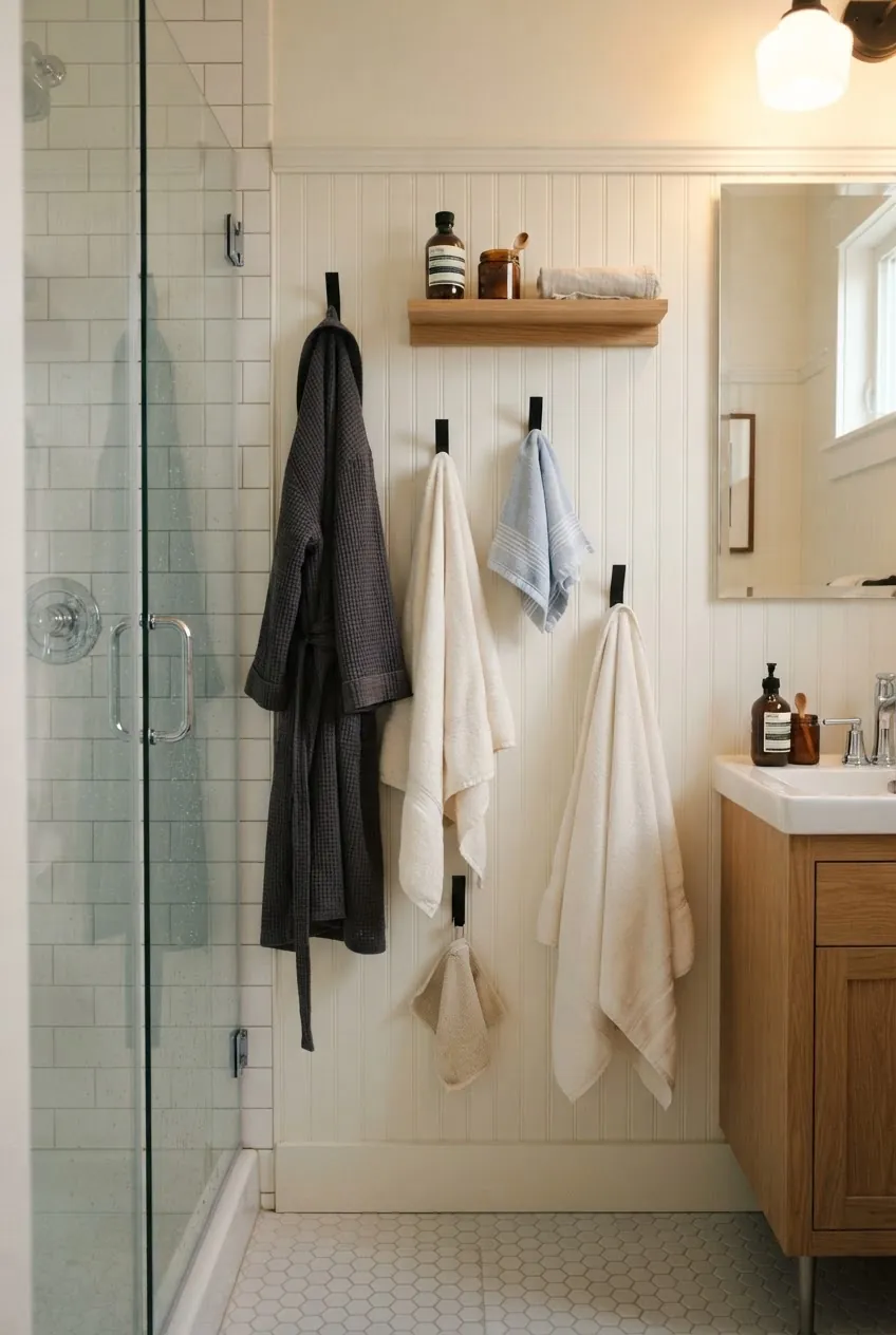 Wall mounted towel hooks in a compact tiny home bathroom