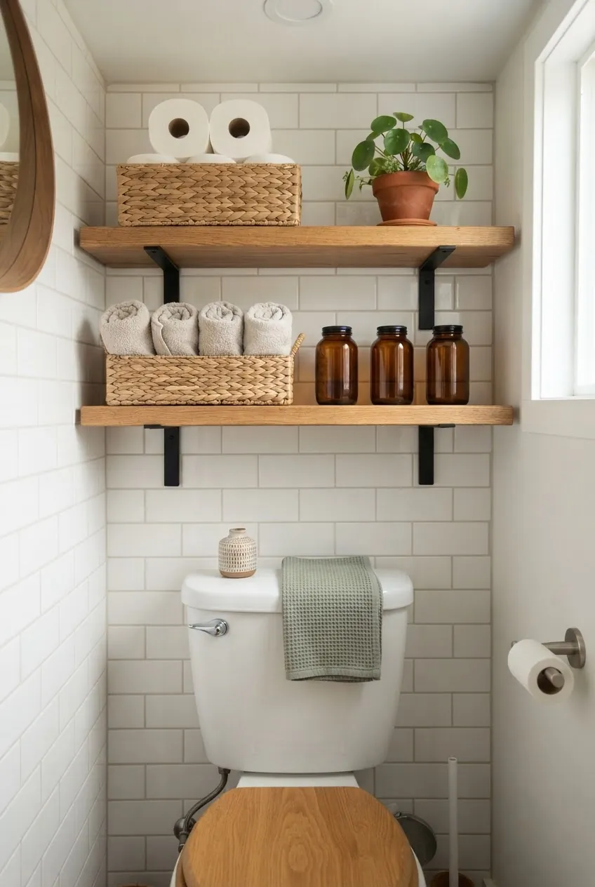Wall mounted shelves above the toilet in a tiny bathroom