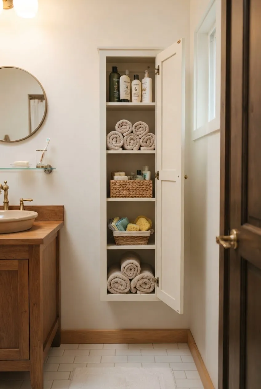 Slim wall mounted bathroom cabinet in a tiny home bathroom
