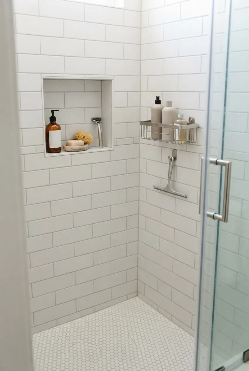 Wall mounted shower niche and caddy storage for a tiny bathroom