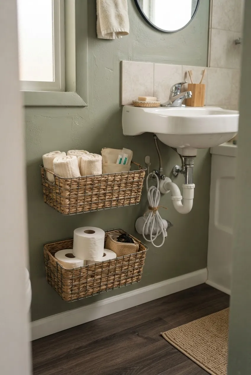 Wall mounted baskets for small bathroom storage