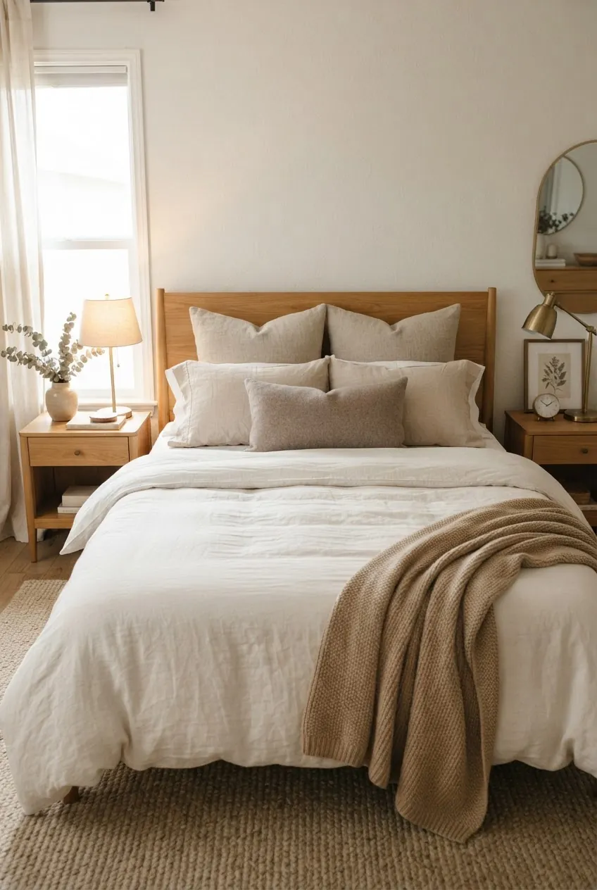 Beige pillows layered on a cozy cream and white bed
