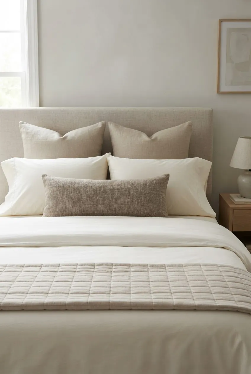 Beige pillows arranged on a bed in a simple layered styling formula