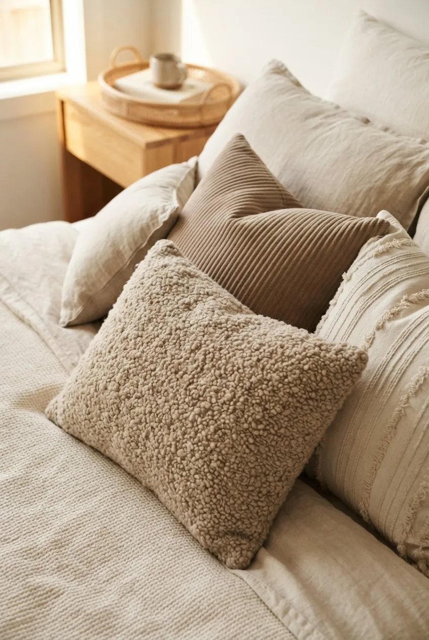 Close up of textured beige pillows in linen boucle and ribbed cotton on a bed