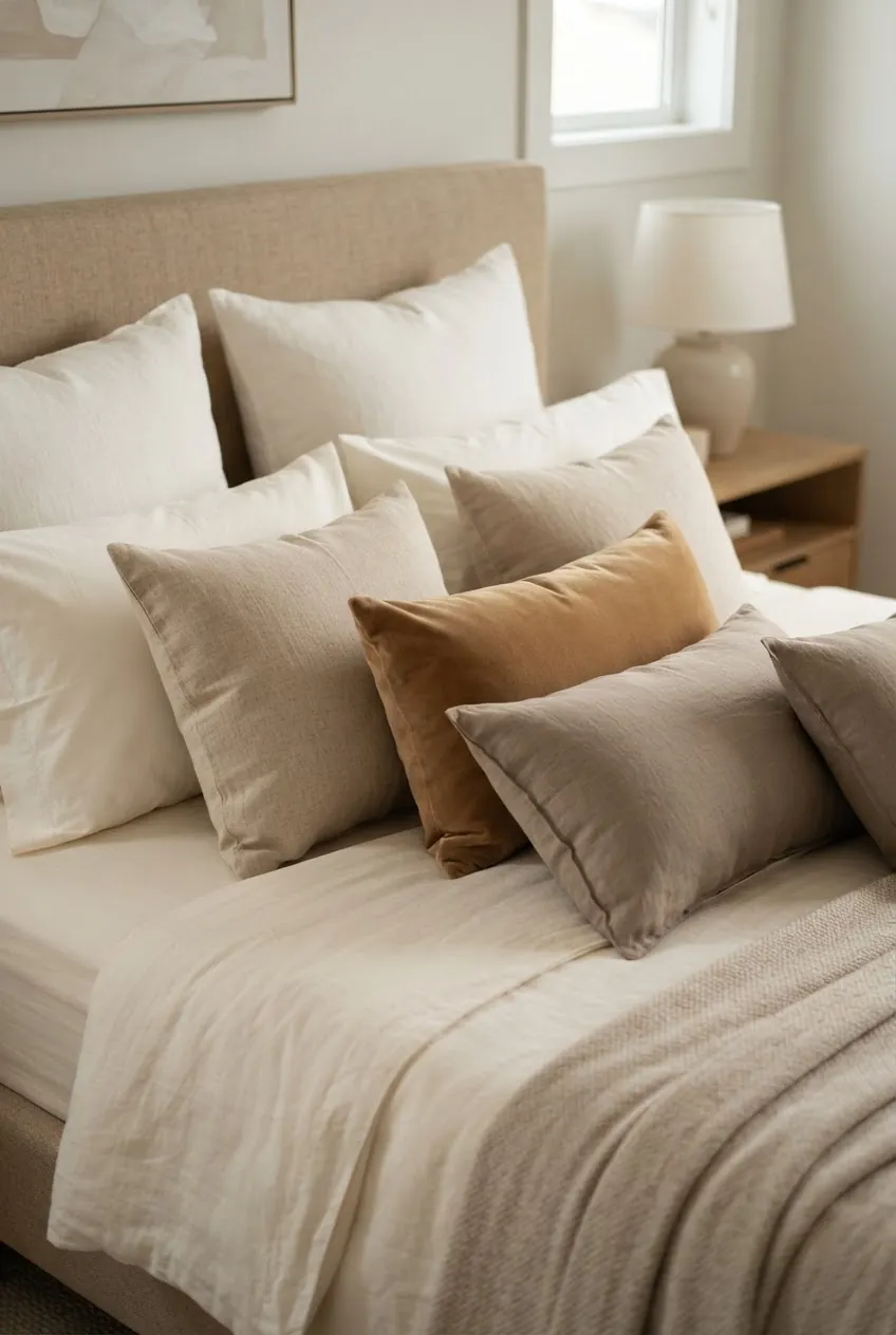 Warm white cream taupe and beige pillows layered on neutral bedding