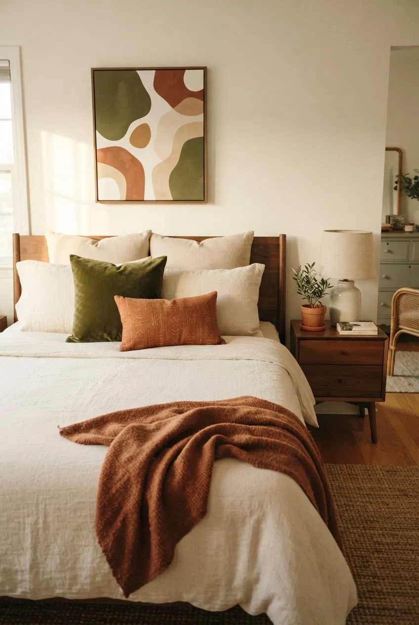Beige bed pillows with olive and rust accent cushions repeated in bedroom decor