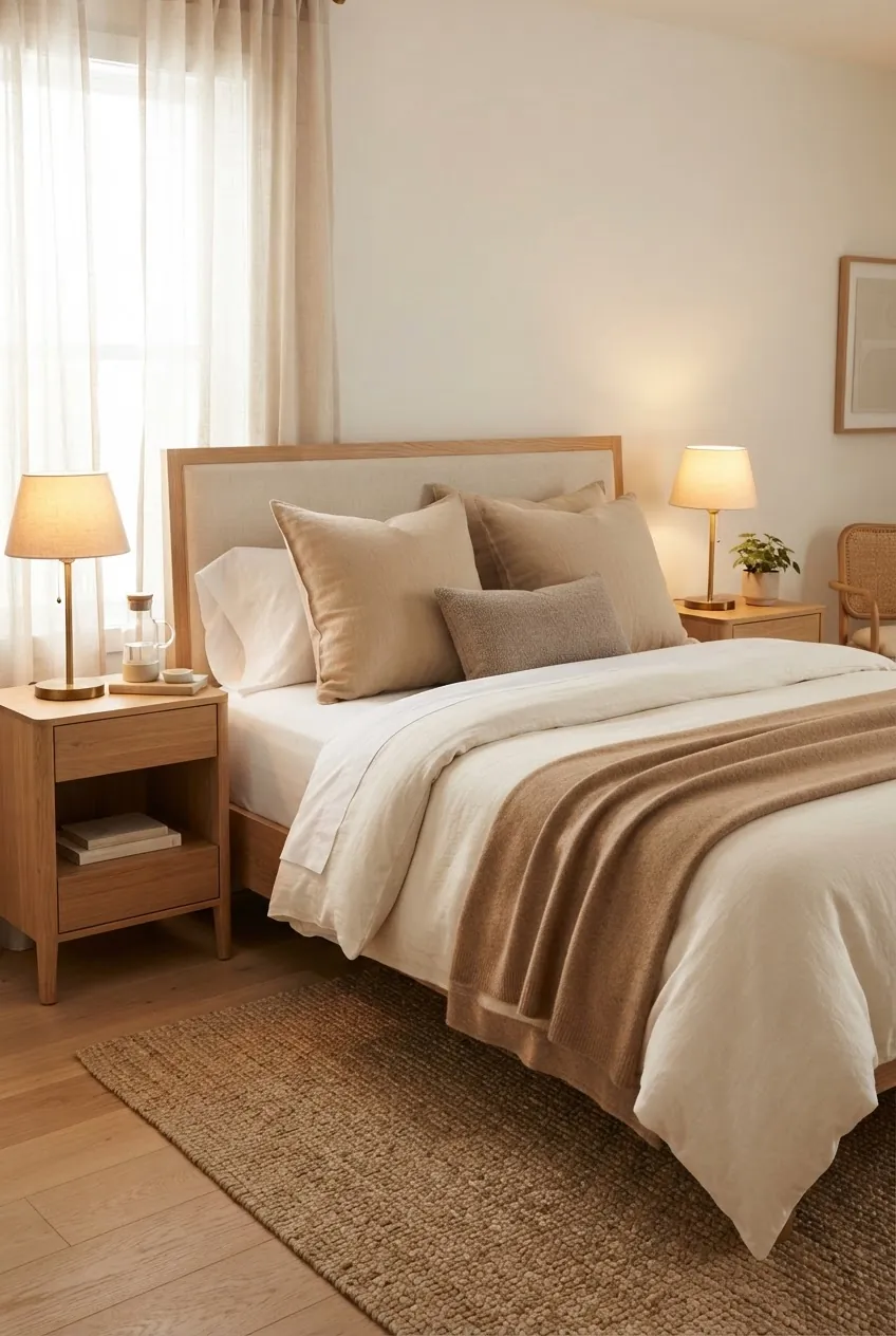White and cream bedding warmed with beige pillows and a tan throw blanket