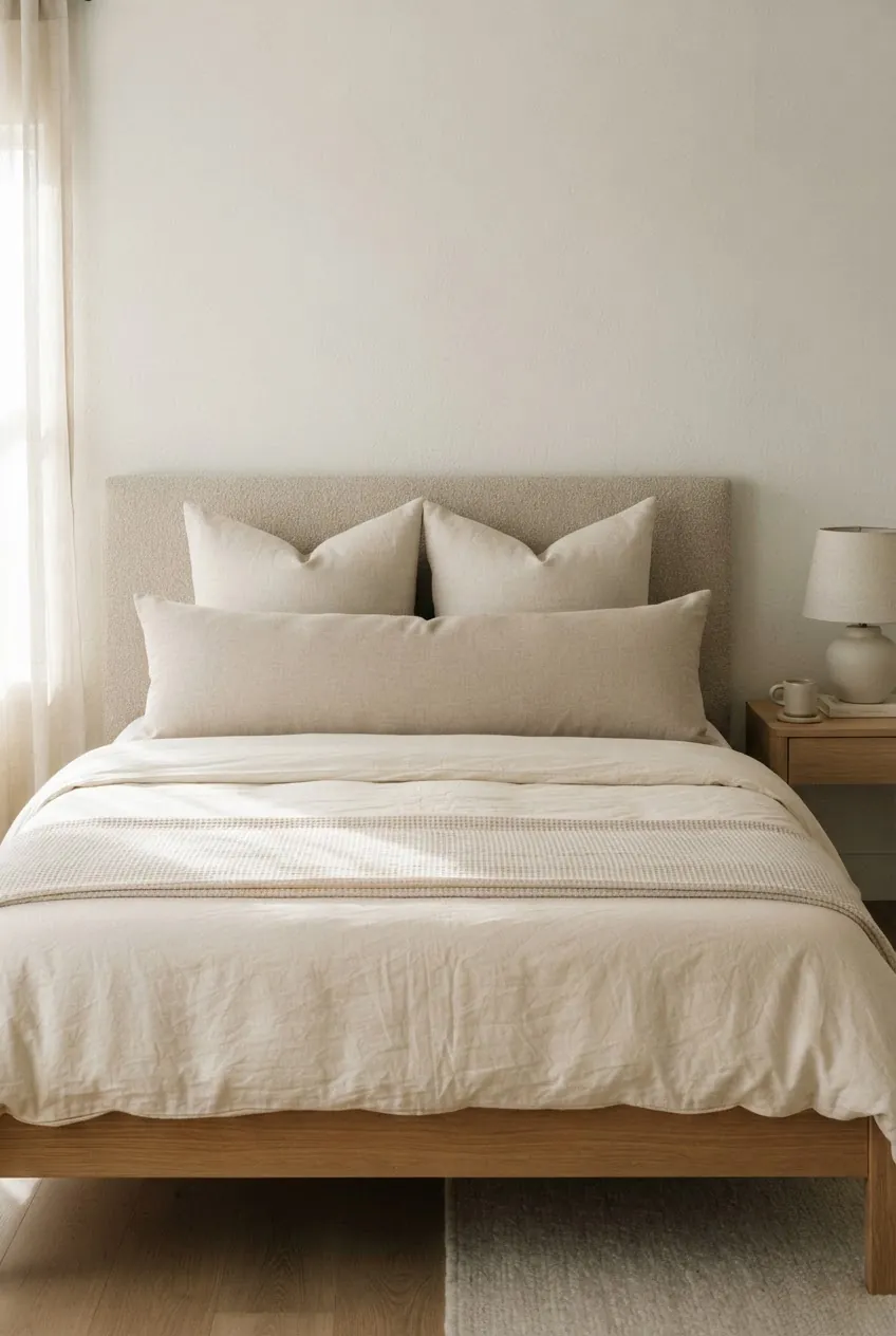 Long beige lumbar pillow styled across cream bedding on a cozy neutral bed