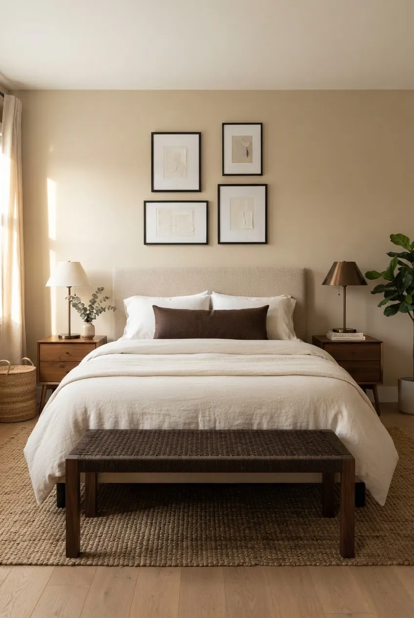 Beige brown bedroom with walnut nightstands dark frames and warm bedding