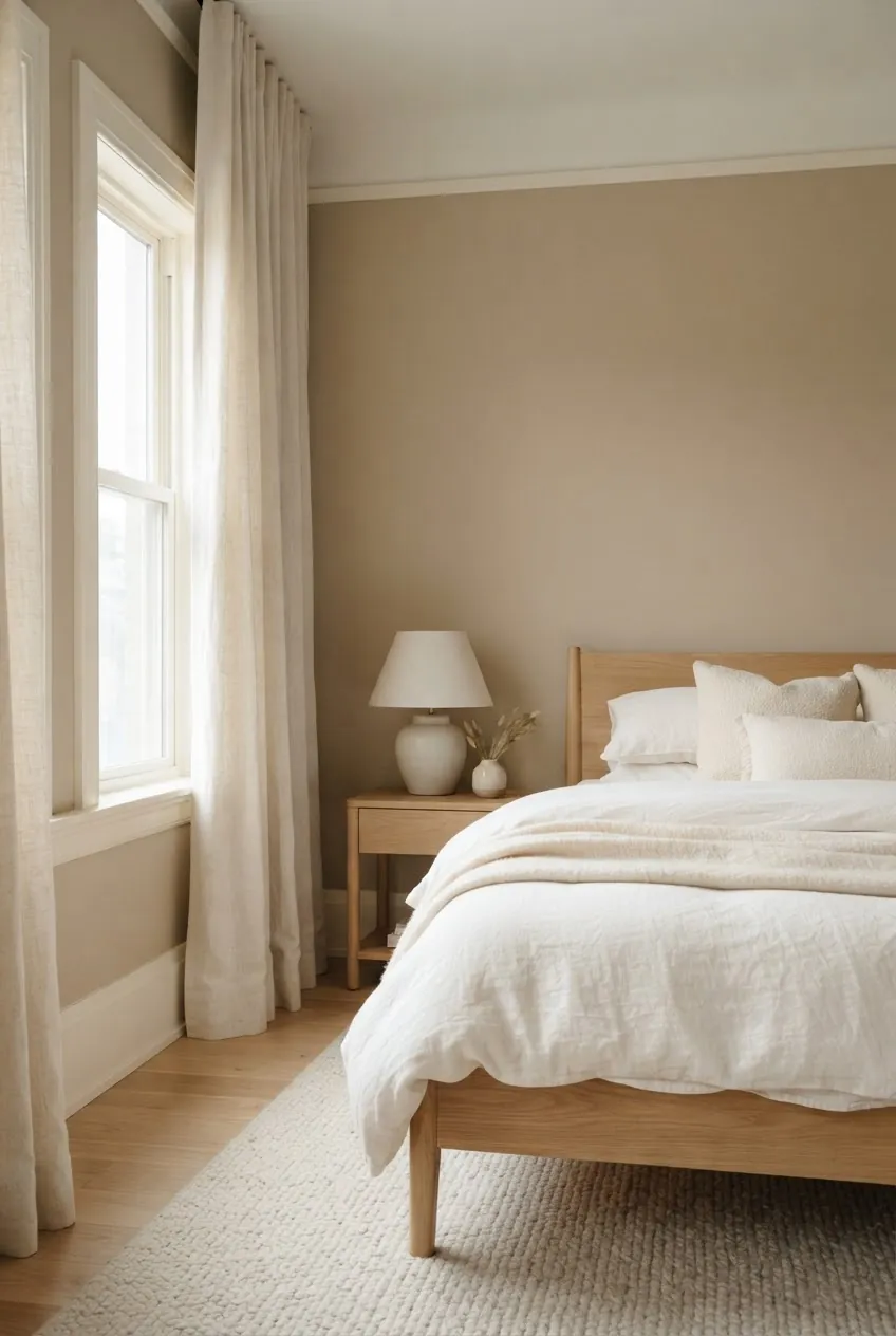 Beige bedroom walls balanced with cream curtains white bedding and warm trim