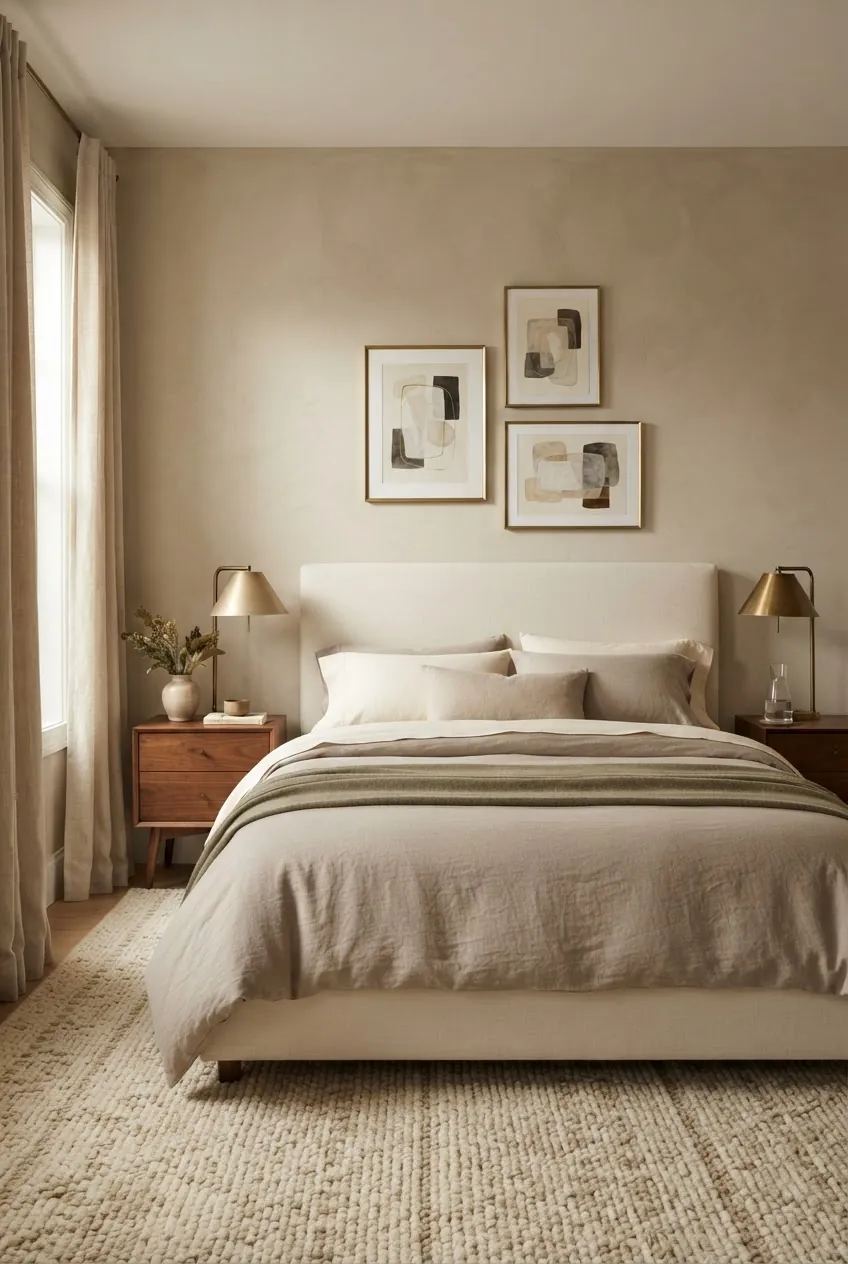Warm beige bedroom walls styled with cream bedding wood furniture and textured decor