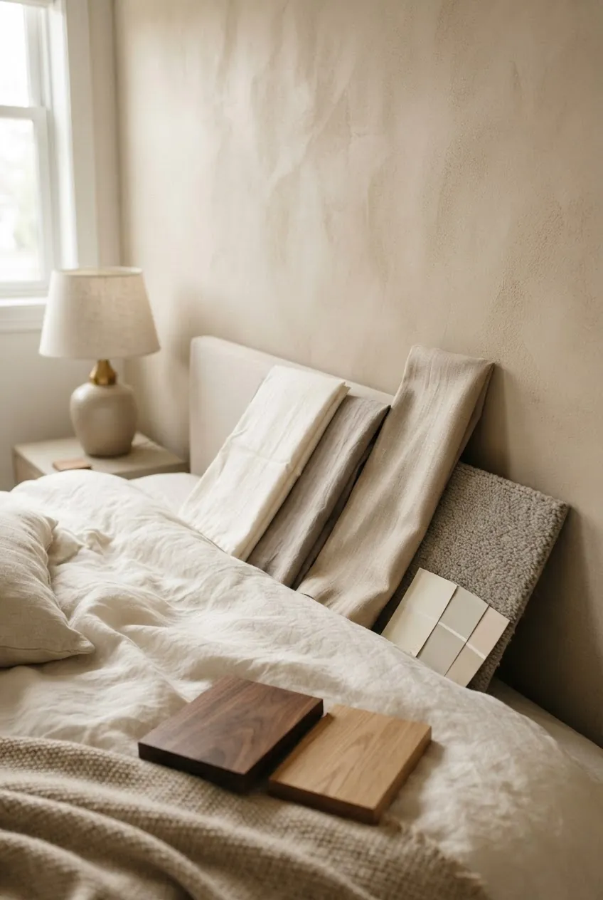 Warm beige bedroom wall with paint samples bedding swatches and wood tones