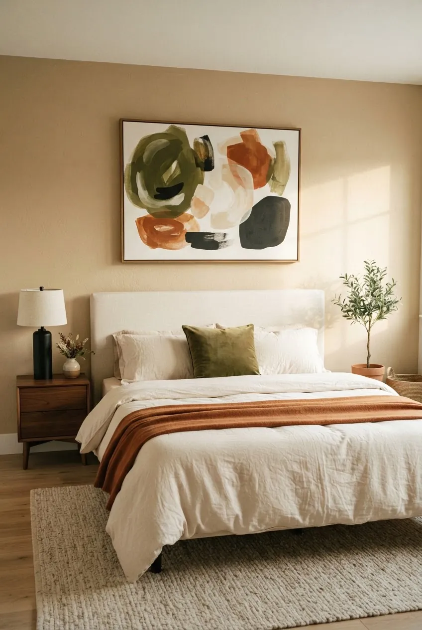 Modern beige bedroom with wall art repeated in pillows throw and bedside decor