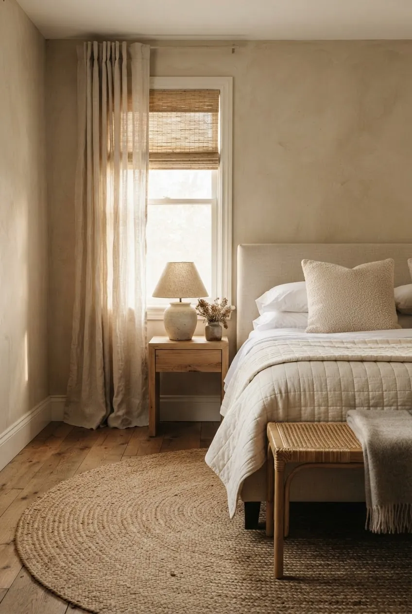 Cozy beige bedroom wall styled with linen curtains woven shades and textured bedding