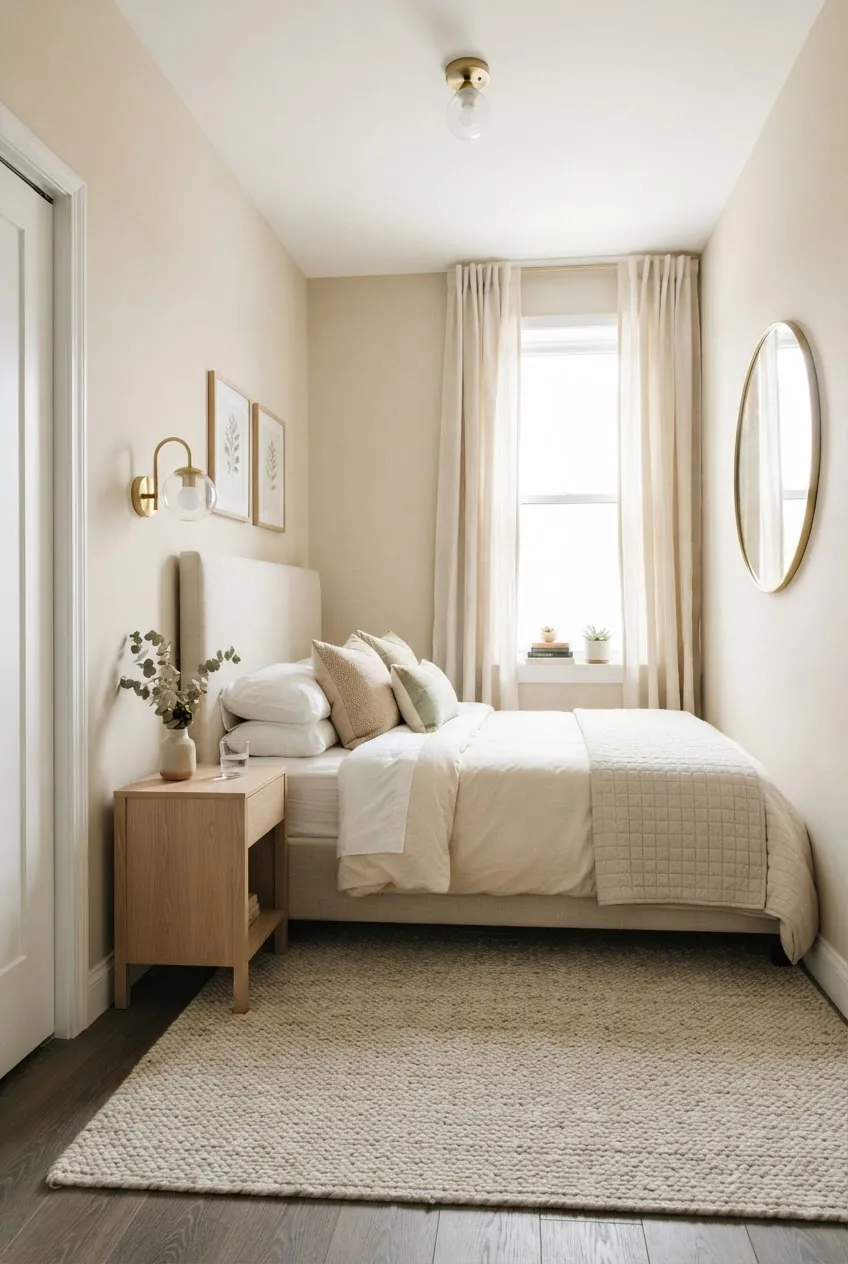 Small beige bedroom with high curtains wall sconce mirror and light bedding