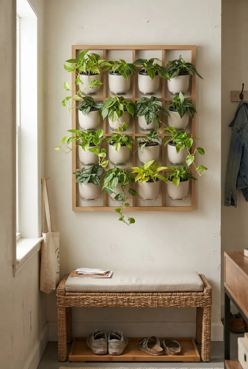 Framed pothos grid plant wall above a woven bench in a bright entryway