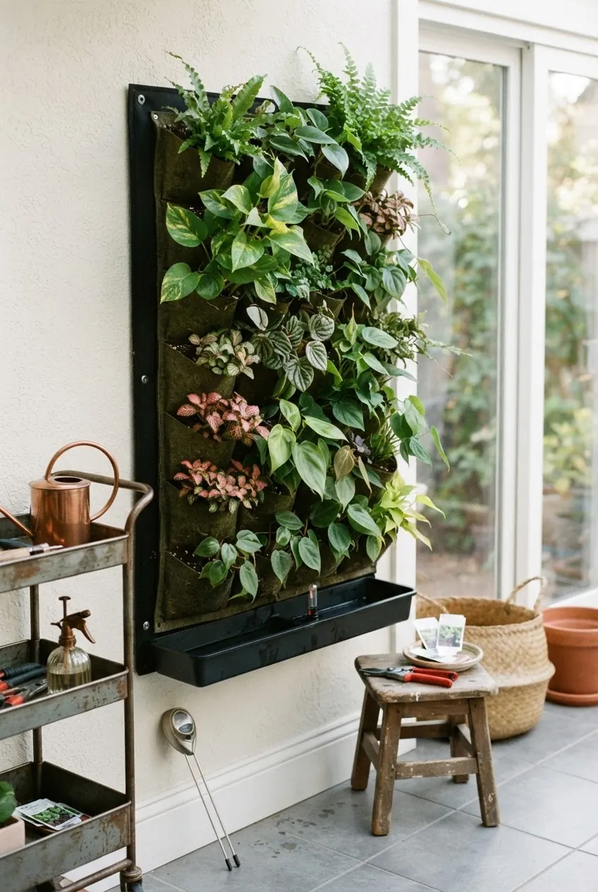 Modular pocket living wall with mixed foliage plants and protected drainage panel