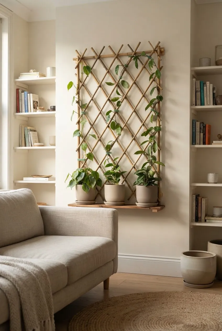Bamboo trellis vine panel used as a natural plant wall in a living room