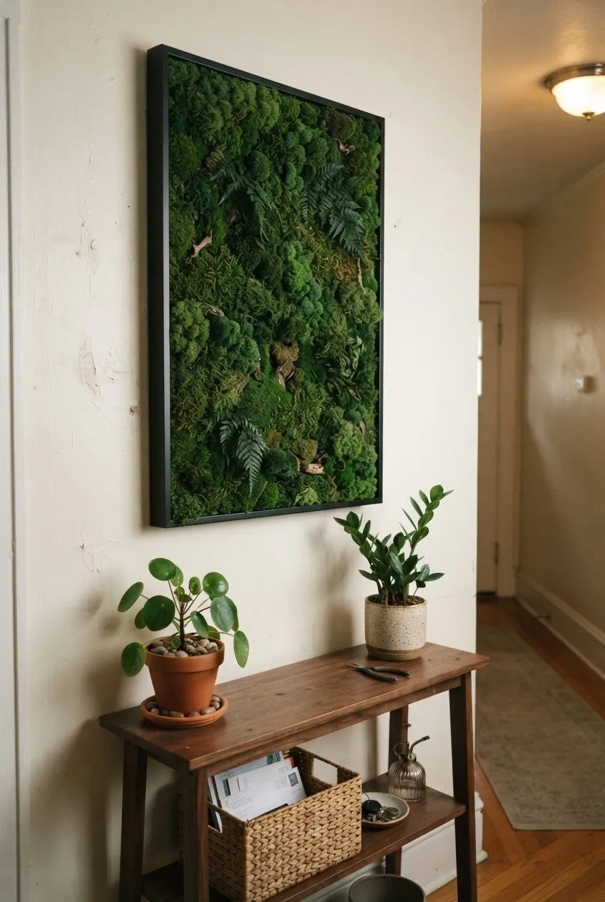 Preserved moss accent panel above a console table as a low maintenance plant wall idea