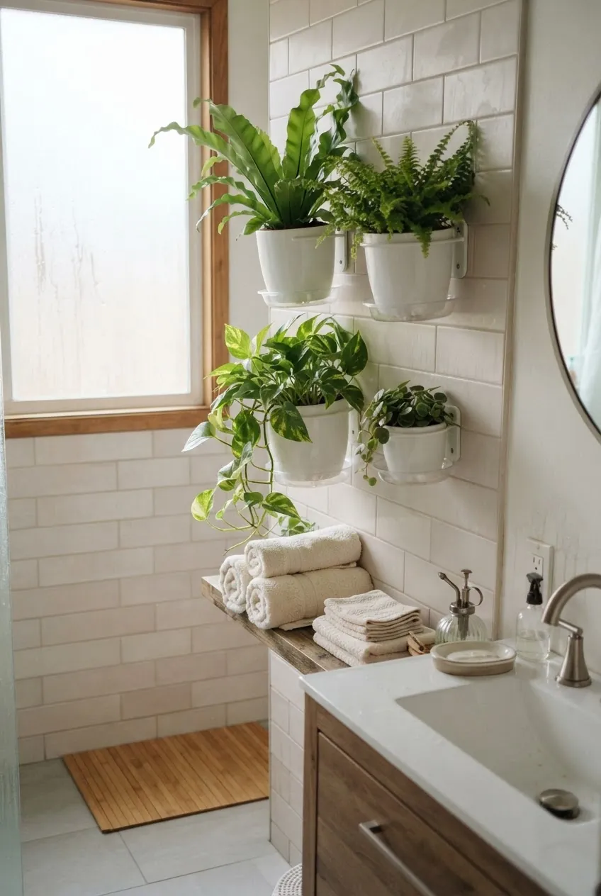 Bathroom fern wall with humidity loving plants in wall mounted planters