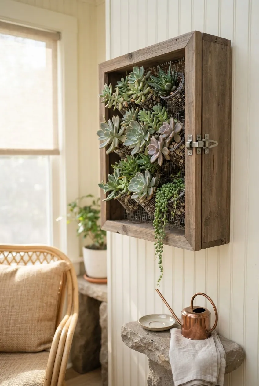 Succulent wall shadow box with shallow rosettes in a sunny room