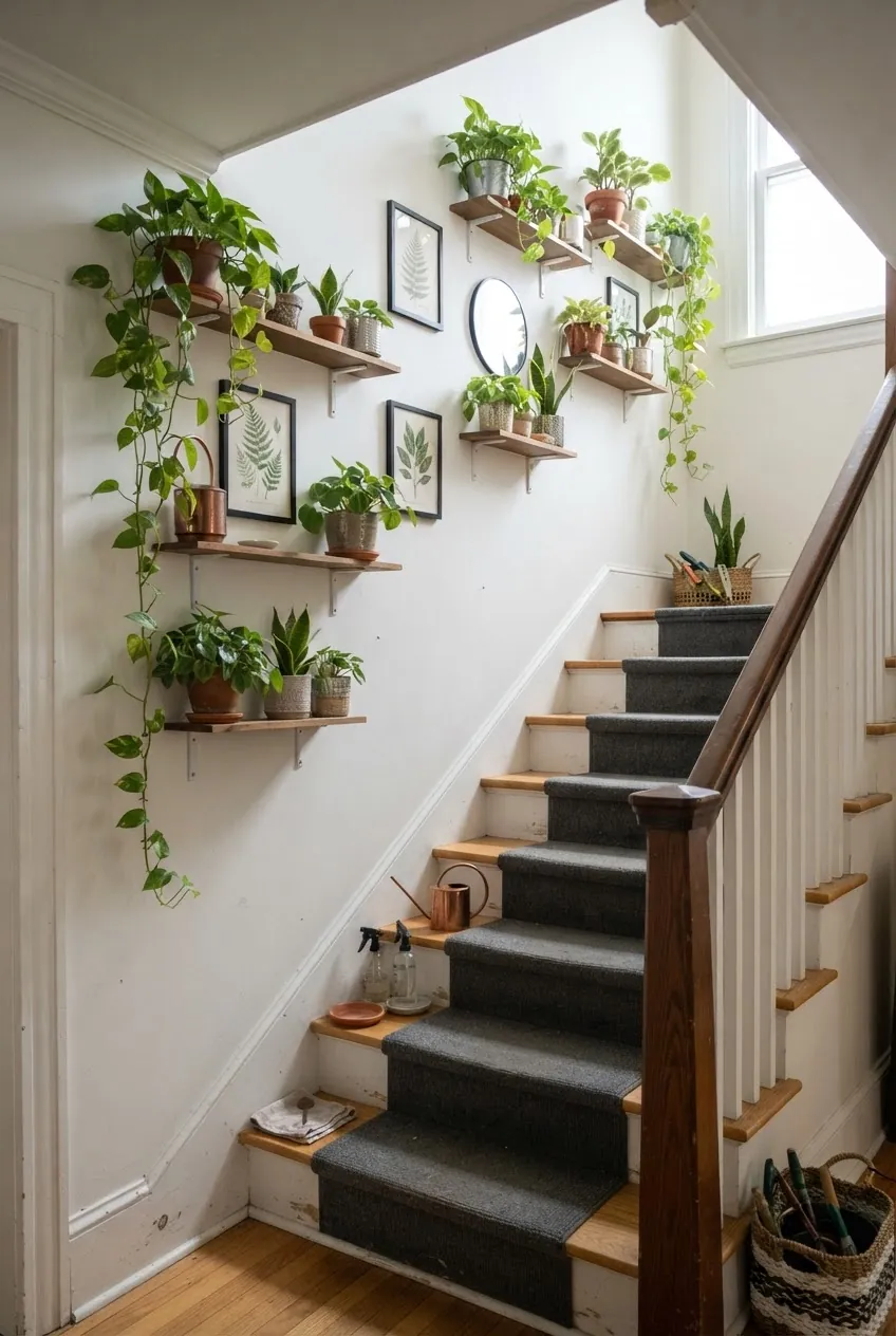 Staircase plant gallery wall with shelves and trailing houseplants