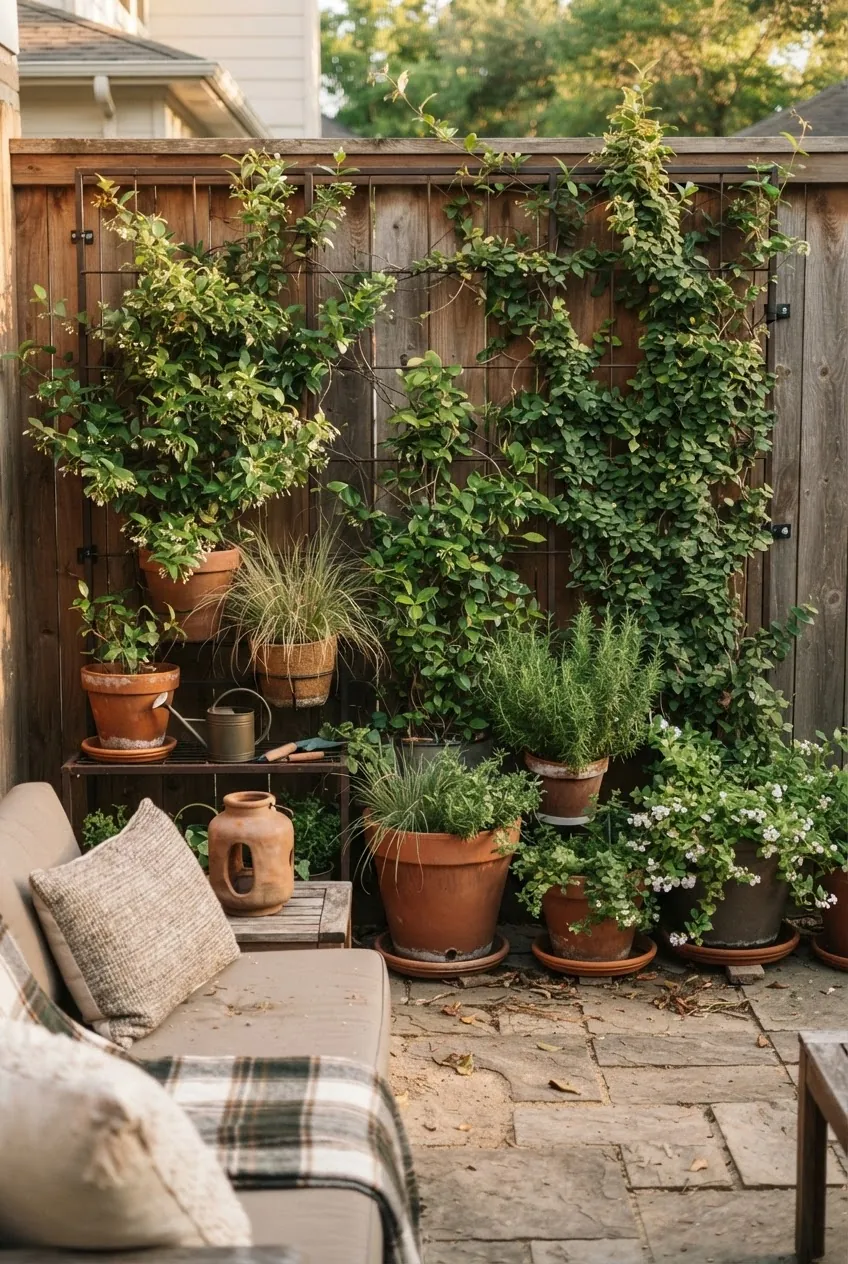 Patio trellis green wall with climbing plants and outdoor seating