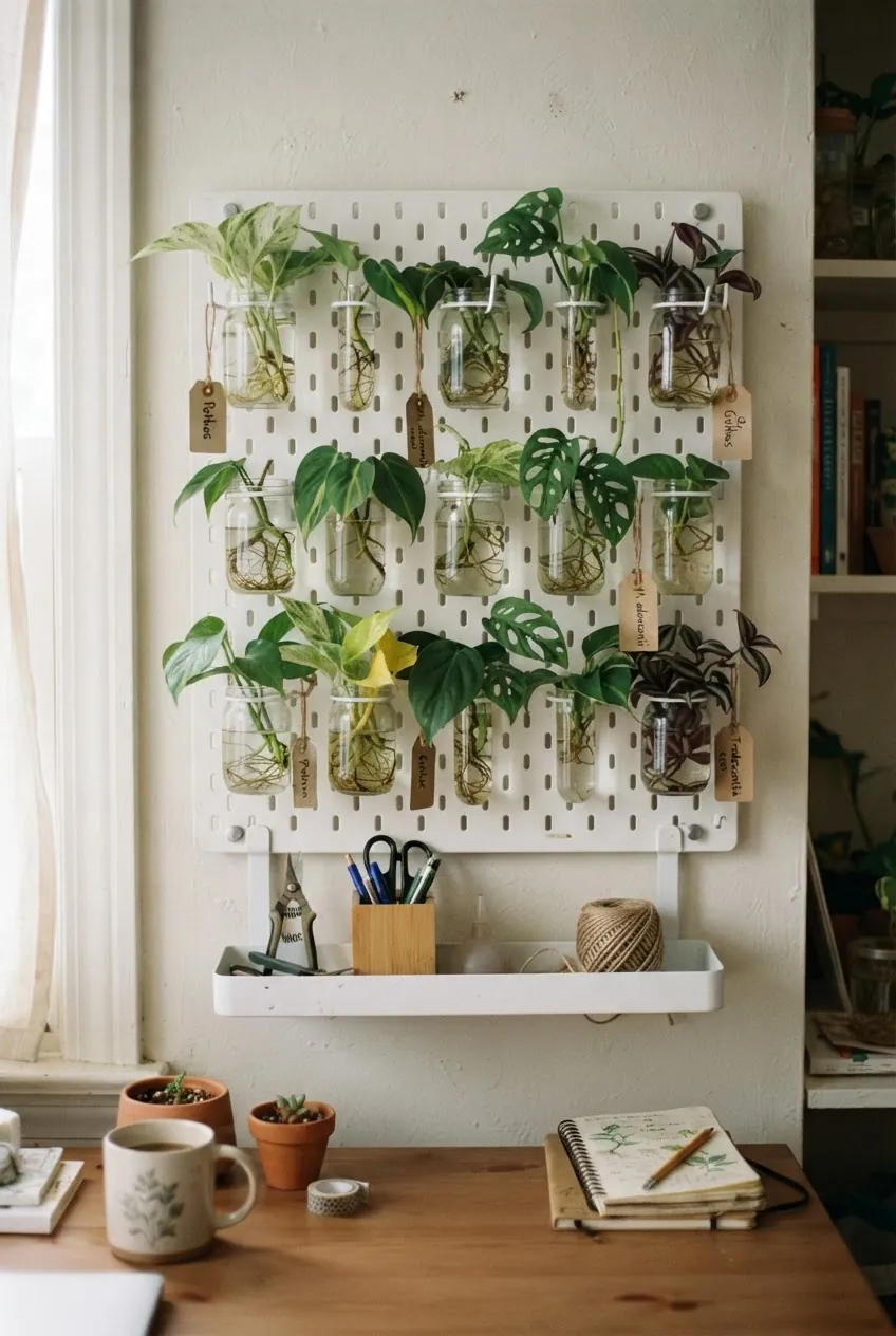 Pegboard propagation plant wall with glass jars and rooted cuttings