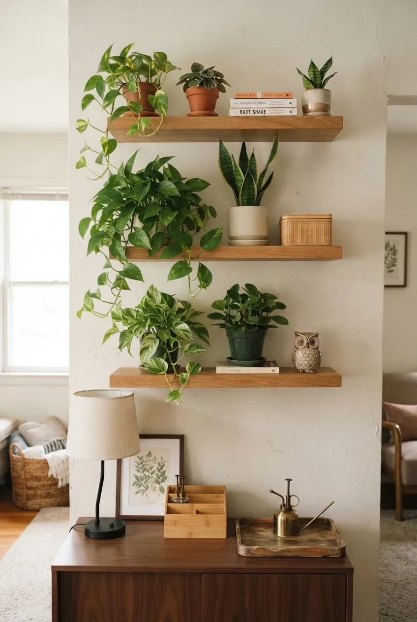 Floating shelf plant wall with mixed trailing plants and books