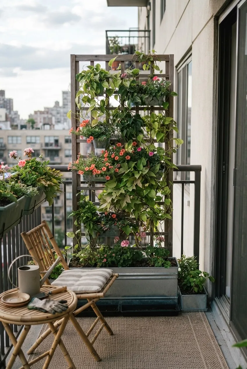Balcony privacy plant screen with vines and wall planters