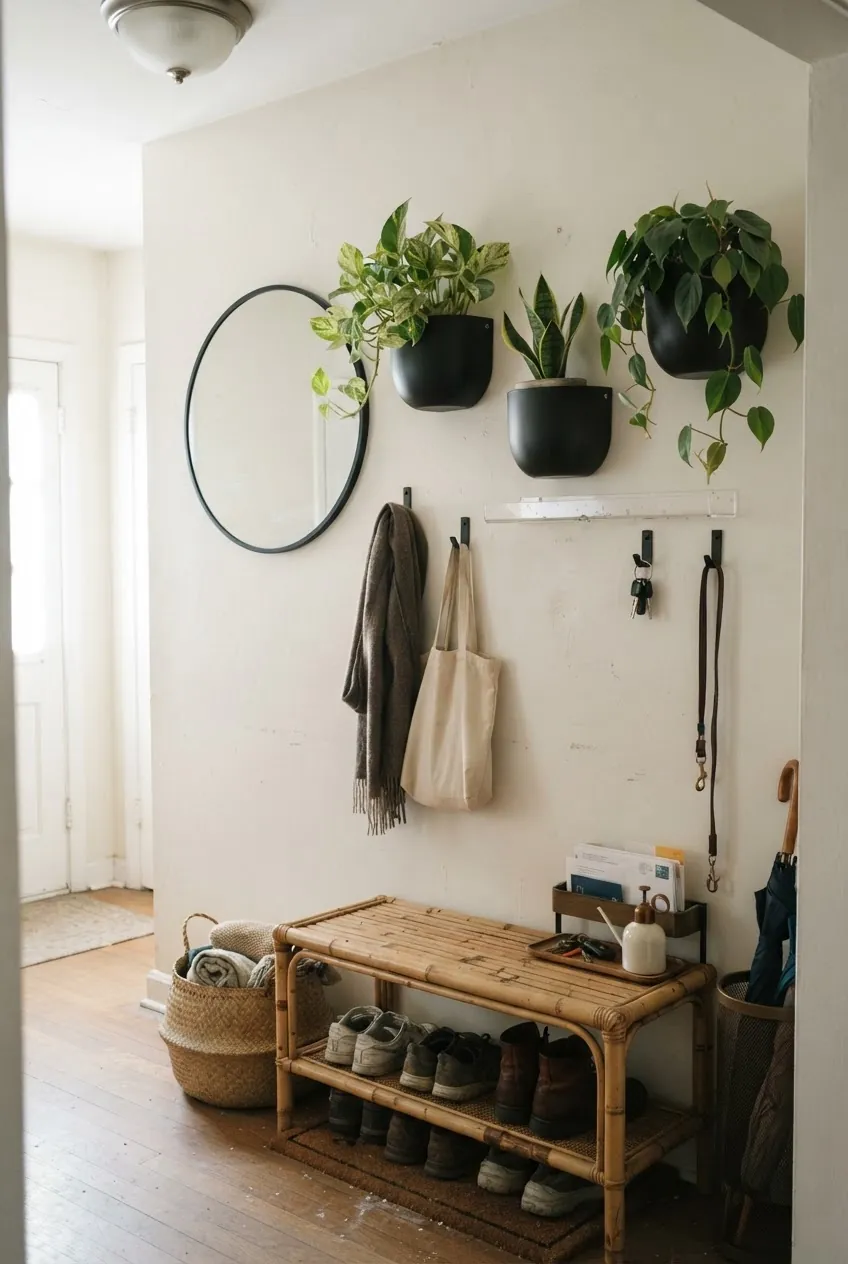 Entryway plant accent wall with mirrors hooks and wall planters