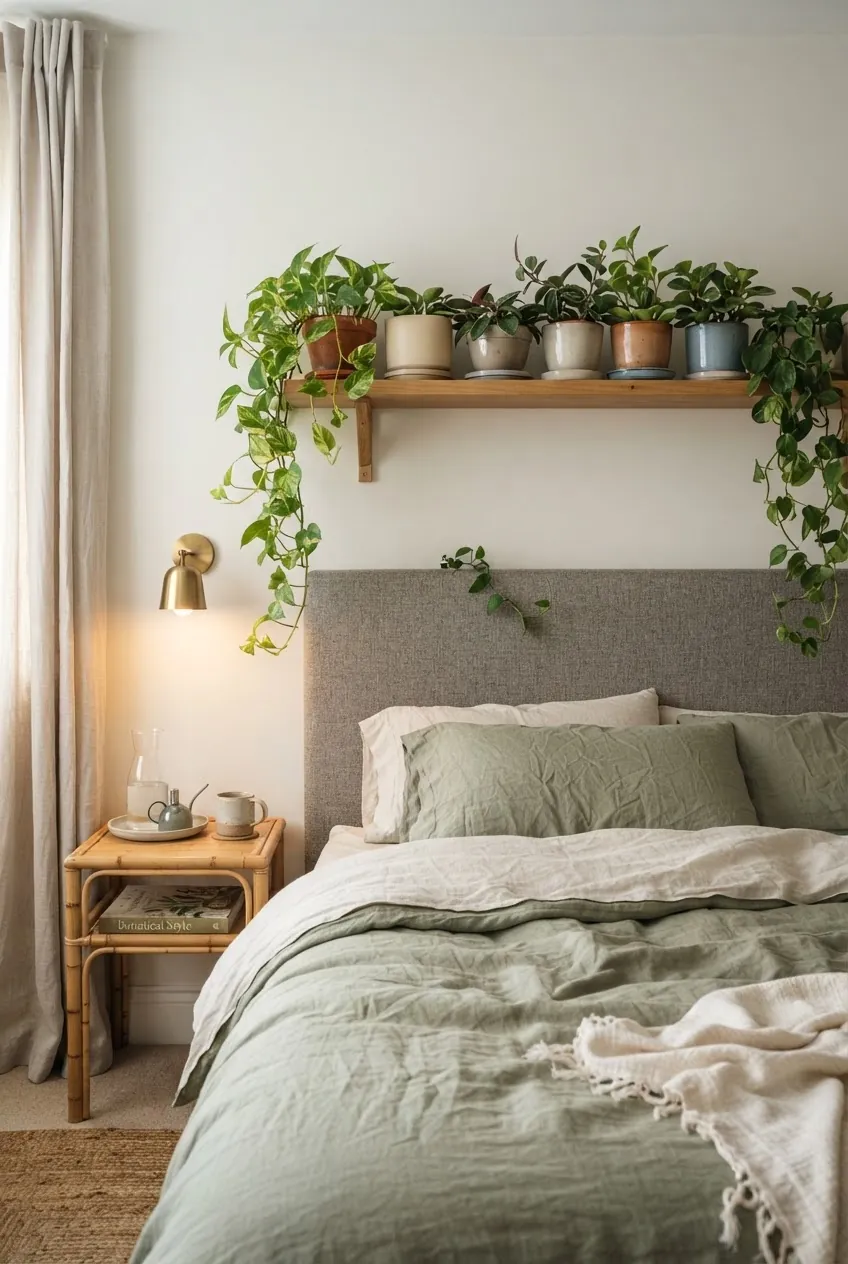 Bedroom headboard green wall with trailing plants on a shelf ledge